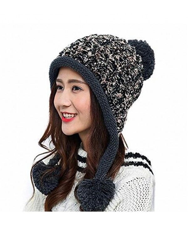 Bhwin Women Winter Soft Knitted Beanie Hat Ski Ear Flaps Caps For Girls Warm Hats - Black - CX189T42DN5