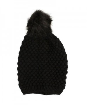 Ladies Pom Pom Faux Fur Chunky Bubble Knit Slouch Long Beanie Ski Hat Cap - Black - CQ127XURBX5