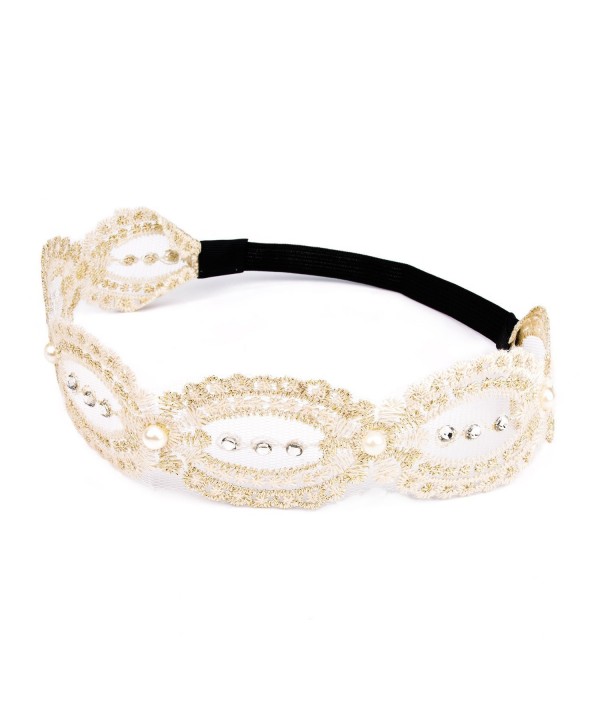 Lace Flower Headband - Beige Chrysanthemum with Gold Line and Pearl for Festival Wedding - Beige-02 - CP1887YIRMI