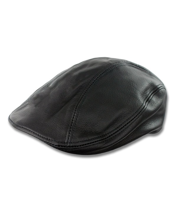 Black Oiled Leather Newsboy Hat - Black - CB12O0SLHHE