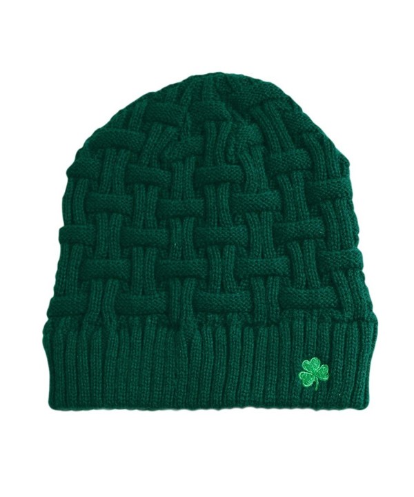 Man Of Aran Acrylic Basket Weave Beanie Hat Olive Green Colour With Green Shamrock - CA12FW7LQEB