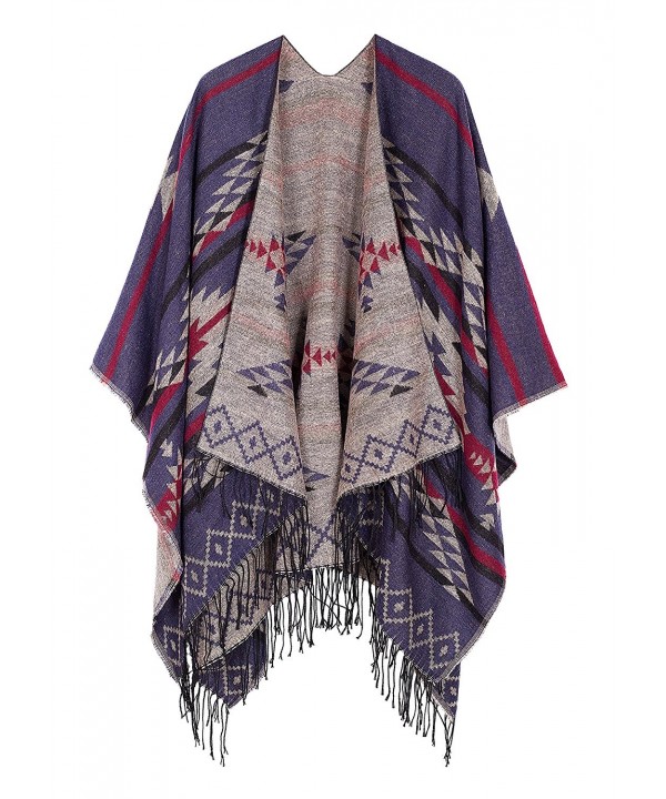 Urban CoCo Women's Printed Tassel Open front Poncho Cape Cardigan Wrap Shawl - Navy Blue-series 3 - C012N00M9D5