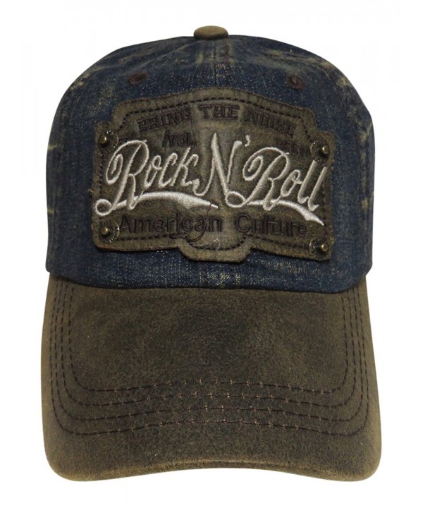 Rock N Roll Washed Denim Baseball Cap Headwear Hat - Dark Denim/Brown - CW12KWFJJMT