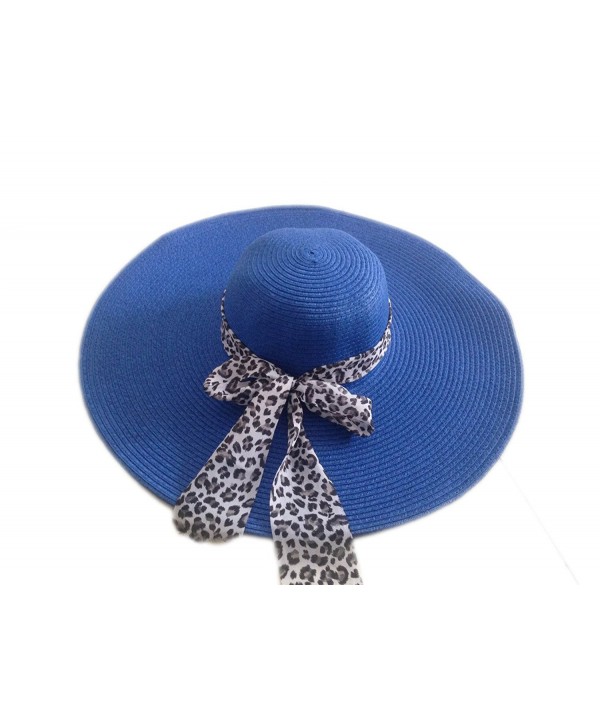 JTC Women's Straw Sun Floppy Hat White Leopard Ribbon 12 Colors - Dark Blue - CR11KSVIPYV