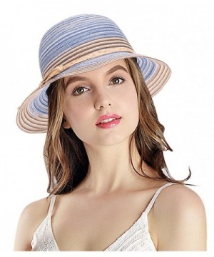 Women's Summer Foldable Floppy Colorful Stripe Straw Hat - Blue - CM182KESG2S