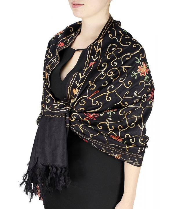 Elegantly Hand Embroidered Floral Design Pashmina Shawl - Black - CS11FARQ661