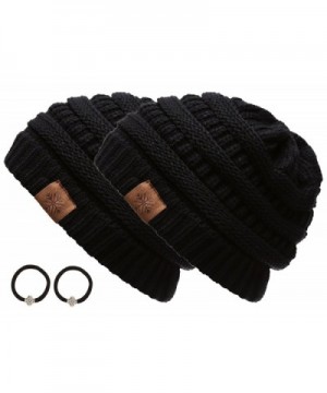 Women's Winter Warm Variety Colors Cable Knit Slouchy Skull Beanie Cap Hat with Hair Tie - Black&black - CA12MYU7AMP