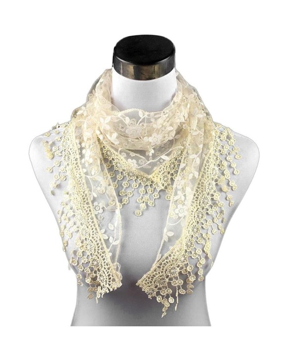 DDLBiz Lace Tassel Sheer Burntout Floral Print Triangle Mantilla Scarf Shawl - Beige - C112NH3PFOP