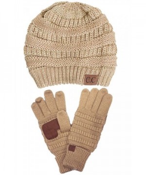 ScarvesMe C.C Trendy Warm Chunky Soft Stretch Cable Knit Beanie and Gloves Set - Metallic Gold - CT186LHZS9Q