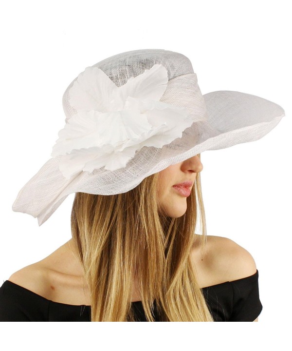 Fancy Sinamay Kentucky Derby Flip Side 5" Floppy Flower Feathers Church Hat - White - CG11VYUX2ZH