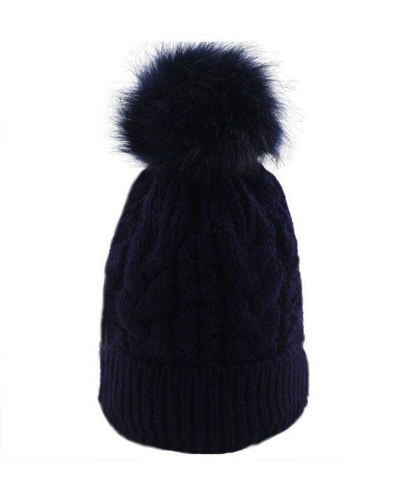 USANDY Womens Fur Large Pom Pom Beanie Thickening Winter Knit Hat - Navy - CA1883H7O4O