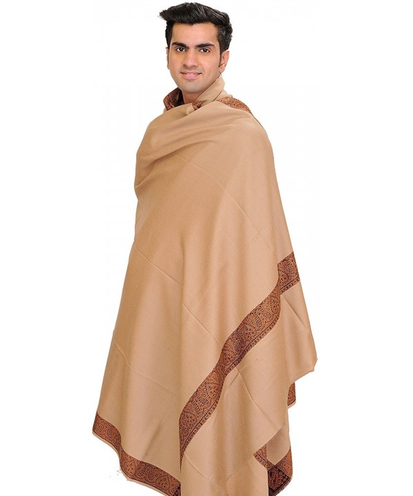 Exotic India Plain Men's Shawl with Brown Woven Border - Rugby Tan - CK126LALZO3