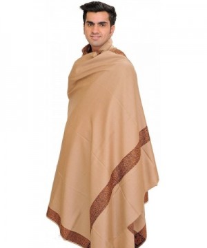 Exotic India Plain Men's Shawl with Brown Woven Border - Rugby Tan - CK126LALZO3