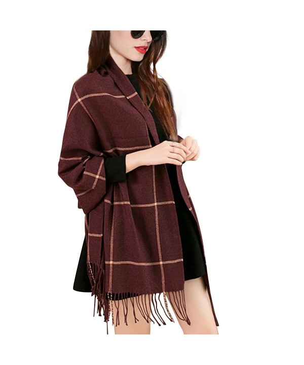 Wool Lattice Scarves for Women-Warm Blanket Scarf / Wrap Shawl with Tassels Unisex - Wine Red - CW1888CS0ON