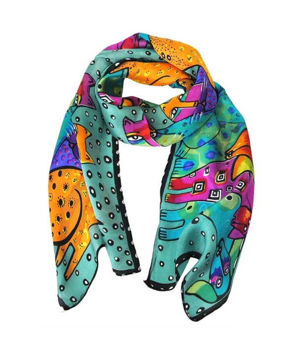 Wrapables Vibrant 100% Silk Long Scarf 51" x 10.5"- Teal Cats and Dogs - CI11G9REVW3
