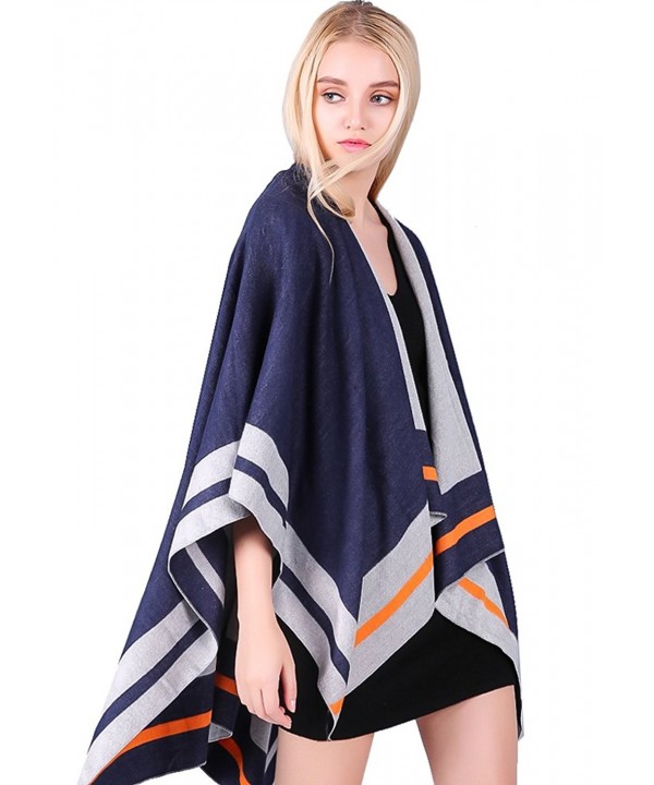 MissShorthair Womens Blanket Poncho Cape Oversized Reversible Stripe Shawl Wrap Cardigans - Navy - C512LXK5TNF