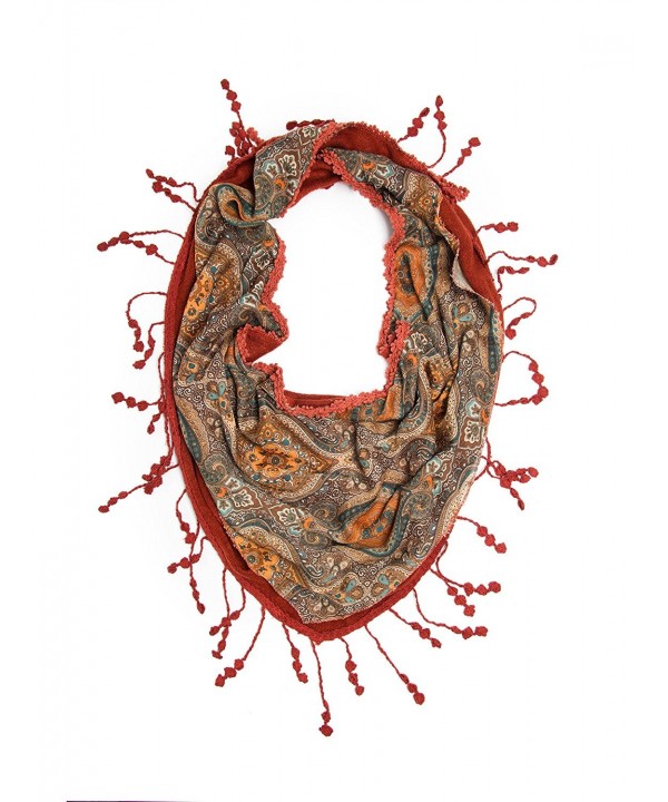 Bohomonde Sitara Scarf- Indian Print Triangular Scarf- Fringe Trim- Blanket Scarf - Rust - CI11RFTW1IZ