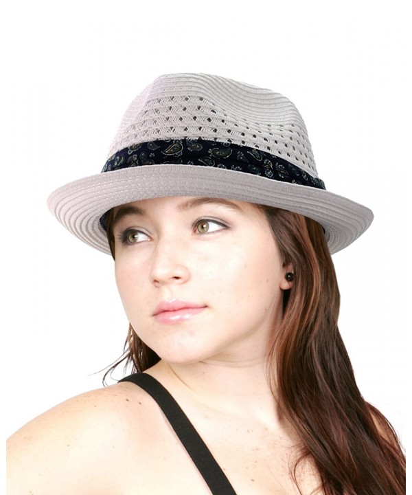 NYFASHION101 Solid Color Straw Woven Paisley Band Vented Unisex Fedora Hat - White - CF11Y7EKNCH