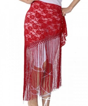 ZLTdream Women's Belly Dance Long Tassels Lace Triangle Hip Scarf - Red - CS17YL894O7