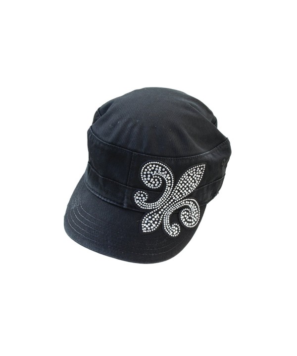 Olive & Pique Crystal Rhinestone Fleur De Lis Distressed Military Cadet Cap - Black - CA119LQQU2X