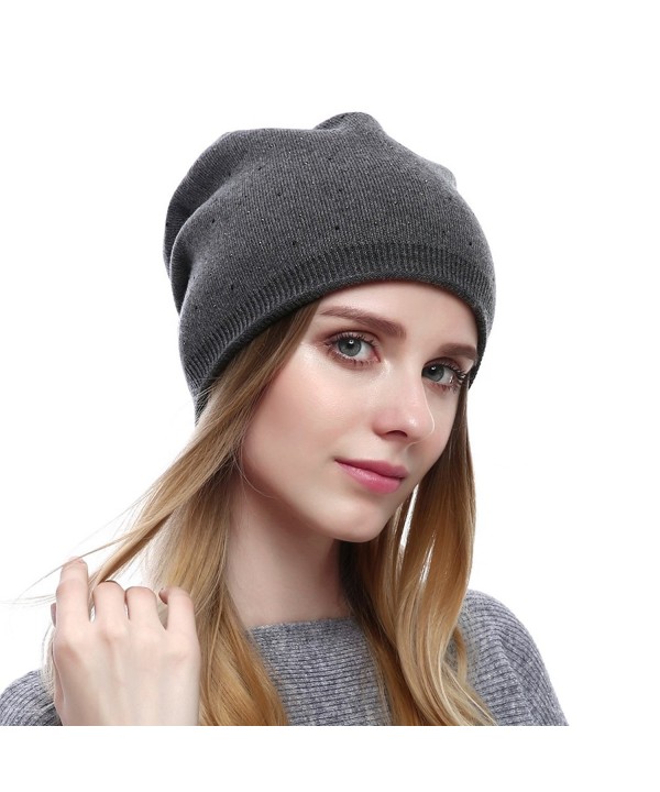 Vemolla Women's Wool Knit Beanie Hats With Rhinestone - Grey - CP186H55E2X