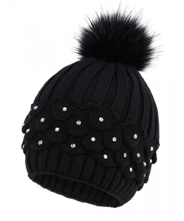 Arctic Paw Cable Knit Beanie with Sequins and Faux Fur Pompom - Black - CI185LZO3Y3