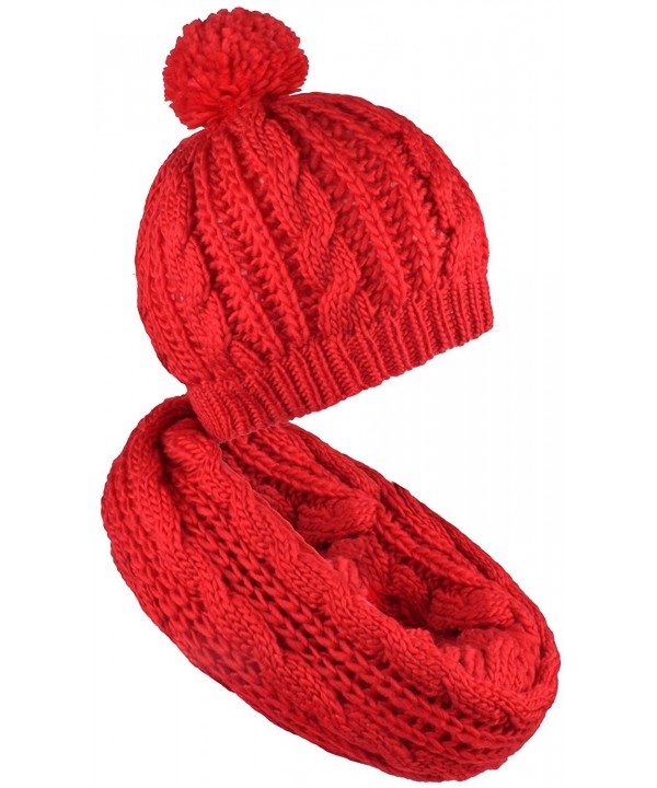 Scarf and Hat Set Pompom Beanies Womens Knitted Infinity Scarves Skull Caps Mens - Red - CA187C9WYT4