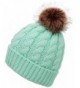 Men & Women's Winter Cable Knit Faux Fur Pom Pom Foldable Cuff Beanie Hat - Light Green - CD186U8MW37