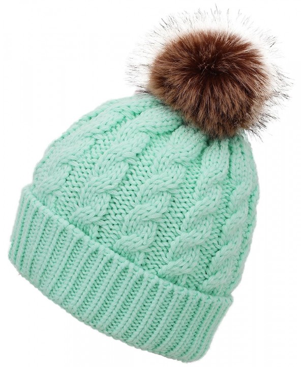 Men & Women's Winter Cable Knit Faux Fur Pom Pom Foldable Cuff Beanie Hat - Light Green - CD186U8MW37