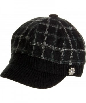 AN Women's Mid Weight Wool Plaid Rhinestone Flower Cabbie Hat - Black/Dark Mint Green - CC118SPW8ID