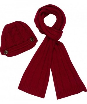 Sakkas Womens 2-piece Cable Knitted Visor Beanie Scarf and Hat Set with Button - Burgandy - C811LRZB4R7