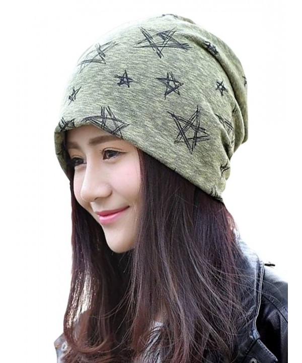 Qiabao Stretch Stars Print Slouchy Skull Beanie Hat Cap for Women - Green - CA12MLODKHJ