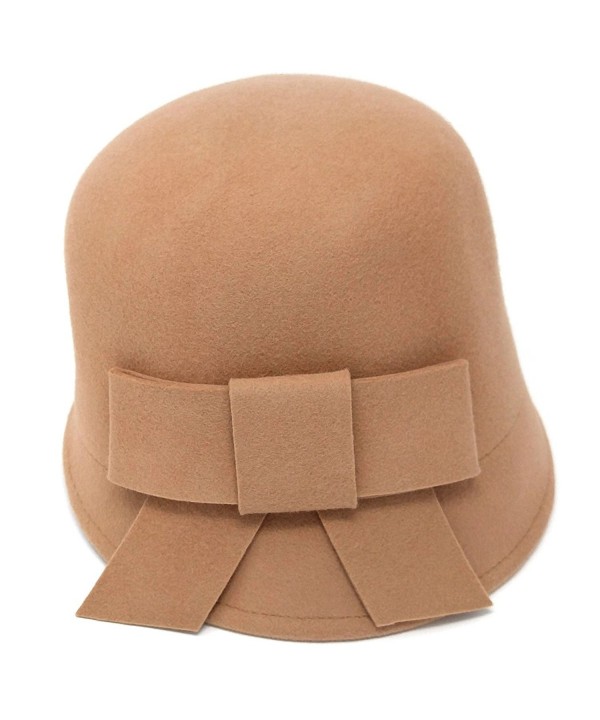 MWS Vintage Wool Felt Round Cloche Hat- Winter Bucket Cap With Bowknot- Adjustable - Beige - C9186NTW54N