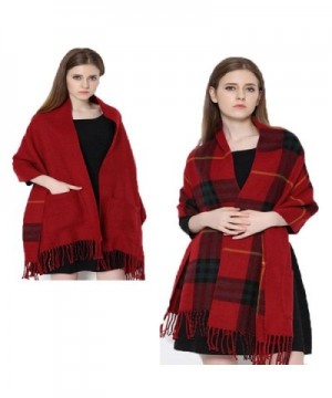 Da Ben Tai Women's Cashmere double sided fringed plaid scarf shawl with pocket - Jujube Red - CO187E0K32Z