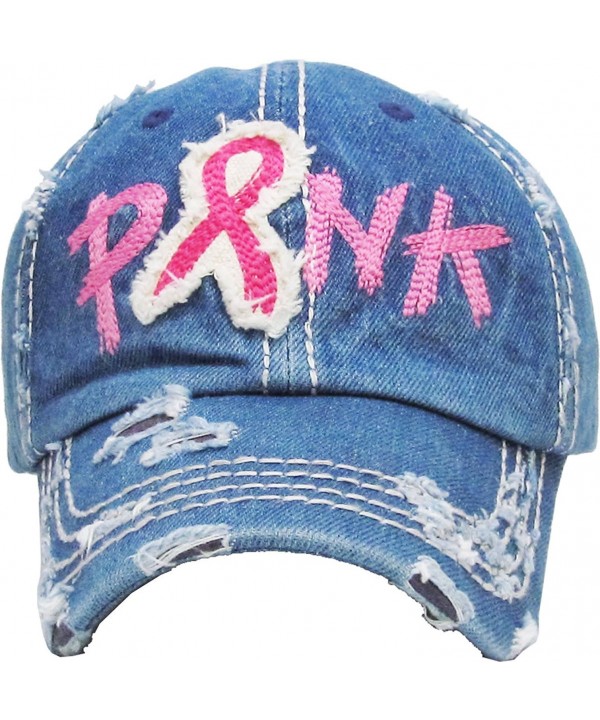 Women's Breast Cancer Awareness Pink Ribbon Logo Hope Shredded Baseball Hat Cap - Shredded Denim - CK1803M9CR3