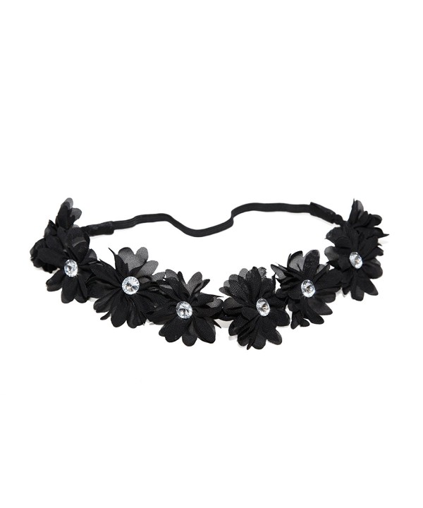 Lux Accessories Coachella Fabric Flower Rhinestone Stretch Headband Chiffon Floral Head Band - Black - CH11N0PJZTB