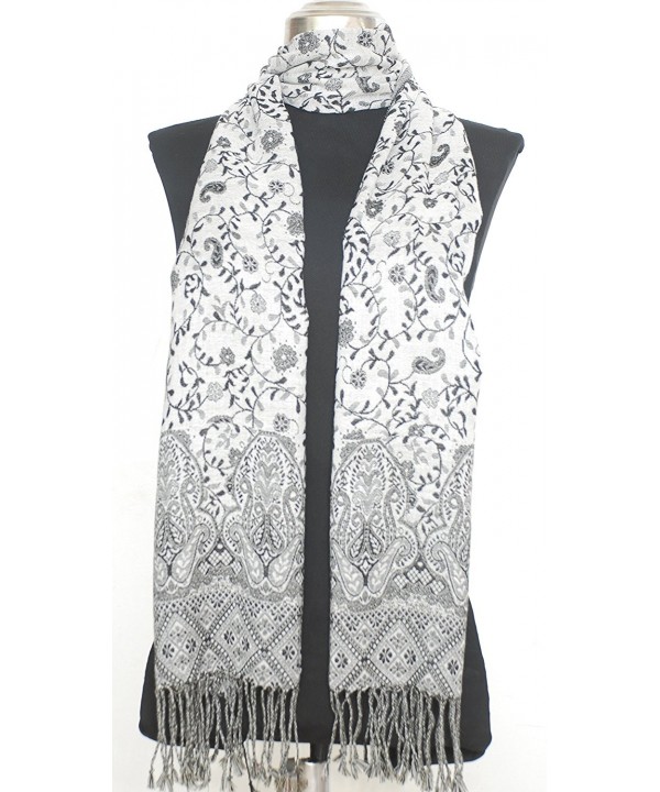 Amtal Women Reversible Paisley Brocade Floral Pashmina Shawl Scarf w/Fringes - White - C111MW22MJ3