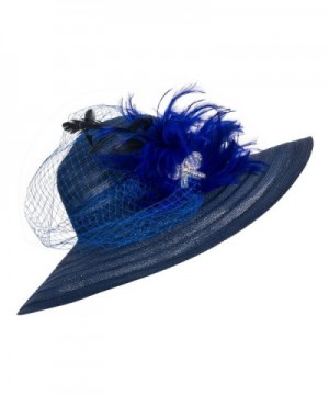 Lawliet Womens Dress Church Kentucky Derby Wide Brim Feather Wedding Veil Sun Hat A265 - Navy Blue - CN11WUE2YLJ