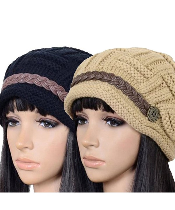 Women Slouchy Cabled Knit Winter Beanie Crochet Hat Newsboy Skull Cap - Black+khaki - CN12N609TIC