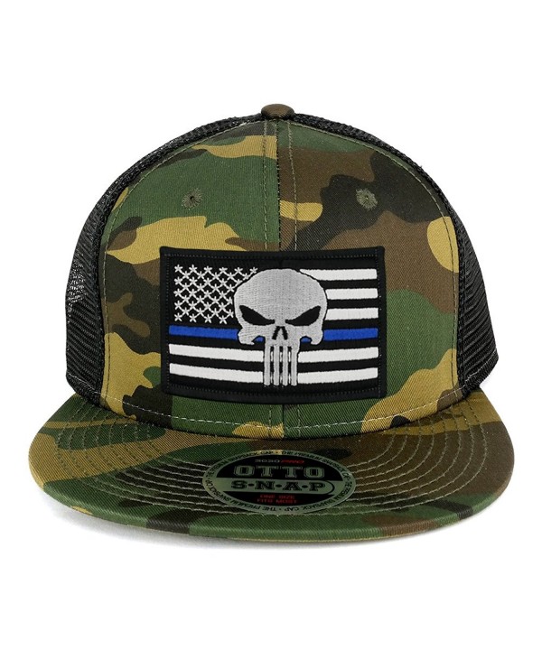 Punisher Thin Blue American Flag Embroidered Patch Camo Flat Bill Snapback Mesh Cap - Black - CY183A2KERC