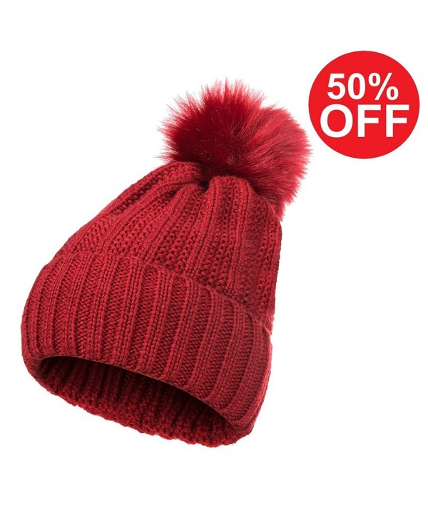 GLOUE Women's Winter Beanie Warm Fleece Lining Slouchy Cable Knit Skull Hat Ski Cap - Red - CC186AXLM5X