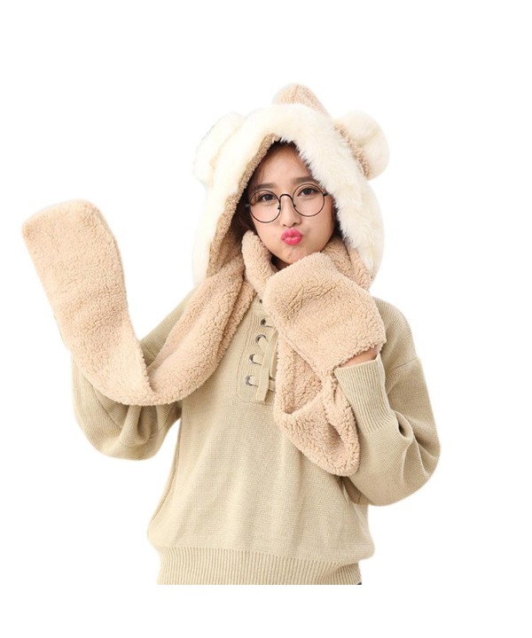 FeelMeStyle Women's Winter Warm Hooded Scarf with Mittens 3-in-1 Hat Scarf Glove - Rabbit-brown - C2187I5O0E5