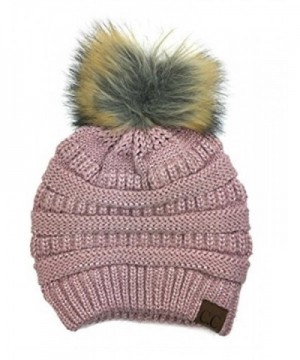 Women Metallic CC Beanie Soft Stretch Cable Knit Pom C.C Beanie Hat 5 Color - Rose - C8188AOMMS8