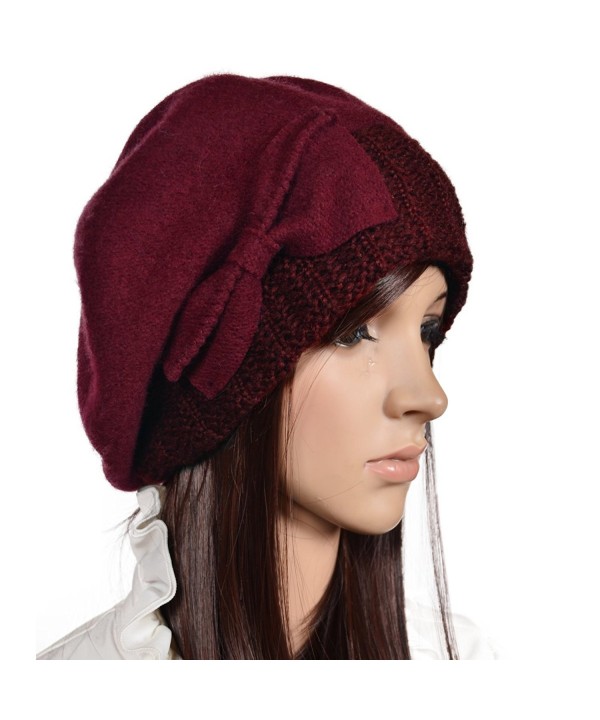 New Style Women Wool Bow Beret Knit Cap Winter Hat Claret - CO11PU207SF