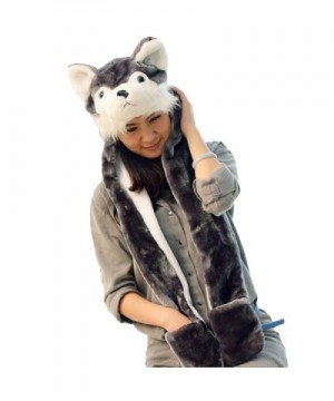 Julvie Animal Hat Gloves Scarf 3 In 1 Set Animal Hooded Scarf with Attached Mittens - Husky - CI12O1C9P99