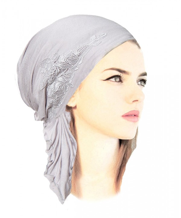 ShariRose Boho Chic Black Gray Beige Head-Scarf Tichel Embellished With Fancy Floral Applique - Silver Grey - C21800LRQK7