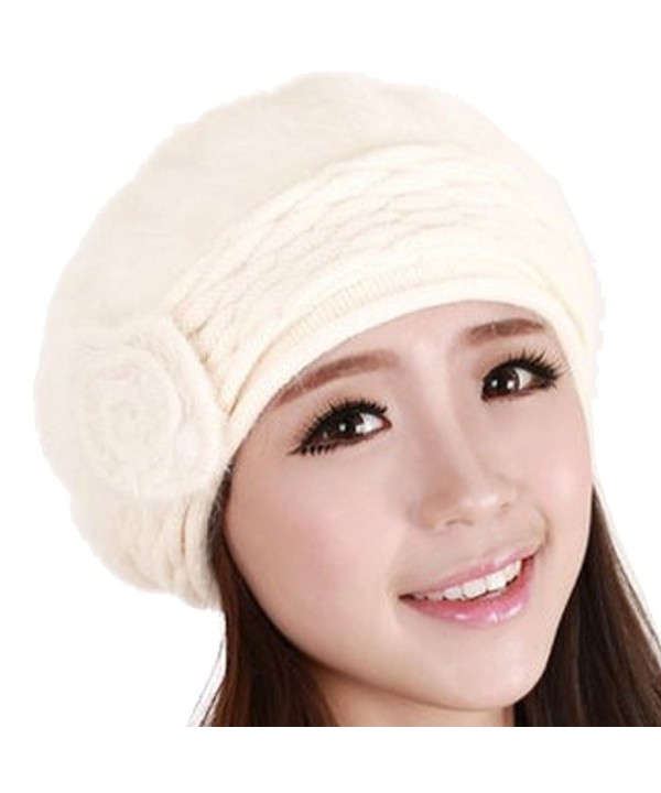 Women Winter Warm Soft Beanie Protective Ear Angora Knit Beret Hat Cap White - CH129B448PF