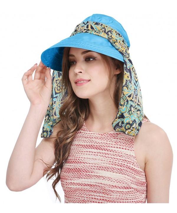 Bellady Big Brim Foldable Hat Summer Beach Cotton Sun Hat Floppy Sunblock Hats Visor - Blue_with Scarf - C612O0SX49P