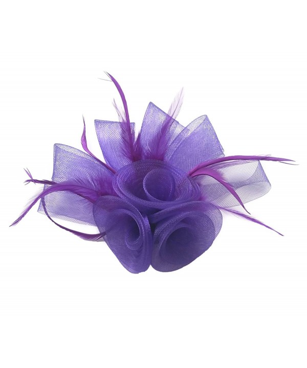 Women Fascinator Hair Clip Headband Feather Flower Cocktail Tea Party Headwear - F Purple - CR186I85KDW