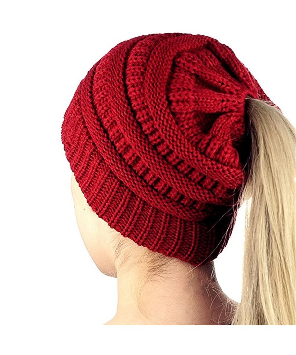 WJA Ponytail Beanie Tail Hat Women Cable Knit Messy High Bun Cap Red - CC189I5TYX8